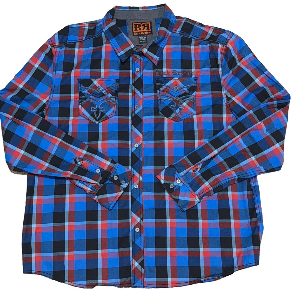 Rock Revival Shirt Mens 3XL Blue Red Plaid Embroidered Stretch Western Button Up